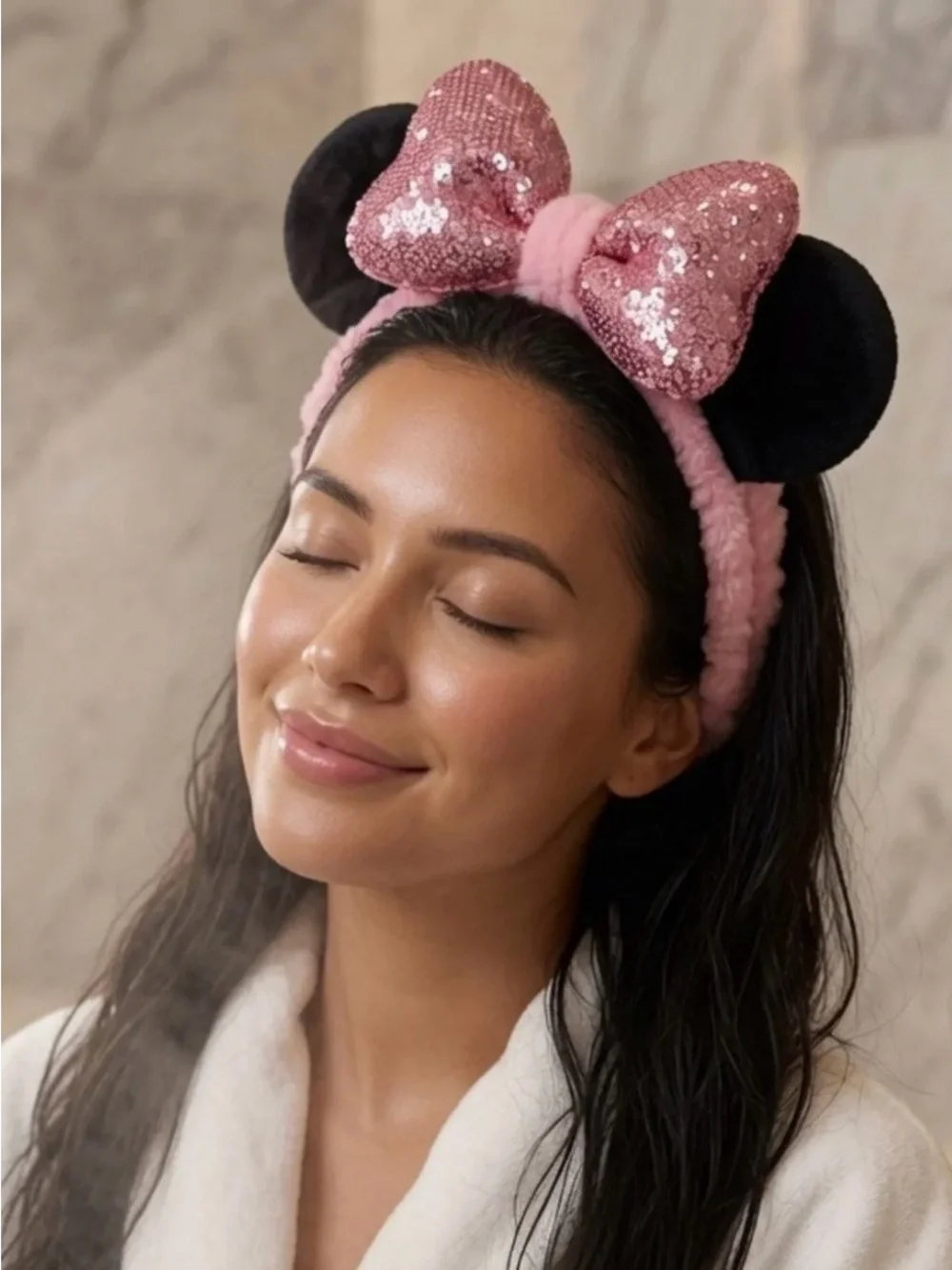 The Crème Shop x Disney Minnie Ear Spa Headband with Pink Sequin Bow, NIB